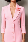 Rose revers cranté Floral 3/4 manches Robe