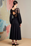 Robe d’invitée de mariage à manches longues noire A Line avec dentelle