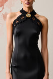 Robe d’invité de mariée dos nu noir avec dentelle