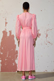 Rose A Line Robe d’invité de mariage à manches longues avec ceinture