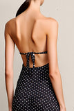 Robe longue de mariée dos nu à pois noirs