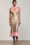 Robe longue d’invitée de mariage fourreau champagne scintillant