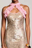 Robe longue d’invitée de mariage fourreau champagne scintillant