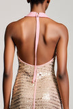 Robe longue d’invitée de mariage fourreau champagne scintillant