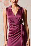 Robe longue d’invitée de mariée froncée en satin bordeaux