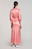 Robe d’invitée de mariage en satin rose fourreau à col en V avec manches