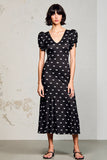 Robe longue d’invitée de mariage en satin noir à col en V avec manches