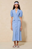 Robe d’invitée de mariage à revers crantés fourreau bleu avec manches