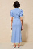 Robe d’invitée de mariage à revers crantés fourreau bleu avec manches