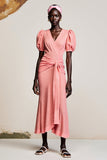 Fourreau rose froncé manches bouffantes Robe d’invité longue Weddig