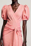 Fourreau rose froncé manches bouffantes Robe d’invité longue Weddig