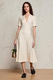 Robe d’invité de mariage midi à col en V ivoire avec manches