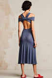 Une ligne froncée gris bleu midi robe d’invitée de mariée