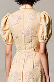 Revers Robe d’invitée de mariage à manches bouffantes imprimée abricot avec ceinture