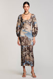 Robe d’invitée de mariage à col carré imprimé à manches longues