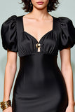 Robe d’invitée de mariage midi à manches bouffantes noire