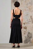 Robe d’invitée longue de mariage en satin noir simple à col rond