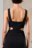 Robe d’invitée longue de mariage en satin noir simple à col rond