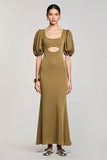 Olive Keyhole Col Col Carré Longue Robe d’Invitée de Mariage avec Manches Bouffantes