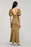 Olive Keyhole Col Col Carré Longue Robe d’Invitée de Mariage avec Manches Bouffantes