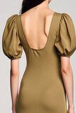 Olive Keyhole Col Col Carré Longue Robe d’Invitée de Mariage avec Manches Bouffantes