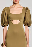Olive Keyhole Col Col Carré Longue Robe d’Invitée de Mariage avec Manches Bouffantes