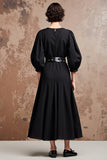 Robe d’invitée de mariage midi à col en V noir avec demi-manches