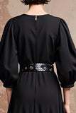 Robe d’invitée de mariage midi à col en V noir avec demi-manches
