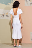 Robe d’été midi blanche à col en V froncé avec fente