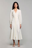 Satin ivoire Robe mi-longue à col en V à manches longues