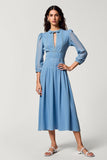 Bleu une ligne trou de serrure Midi noeud robe d’invité de mariage avec manches 3/4