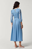 Bleu une ligne trou de serrure Midi noeud robe d’invité de mariage avec manches 3/4