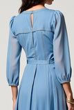 Bleu une ligne trou de serrure Midi noeud robe d’invité de mariage avec manches 3/4