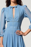 Bleu une ligne trou de serrure Midi noeud robe d’invité de mariage avec manches 3/4