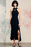 Robe d’invitée de mariage midi dos nu en satin dos nu noir avec fente