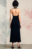 Robe d’invitée de mariage midi dos nu en satin dos nu noir avec fente
