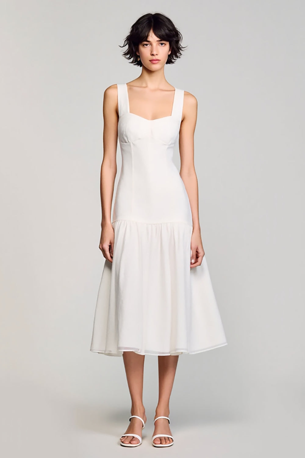 Zapaka Femmes Simple Blanc Col Carré Midi Robe De Graduation Une