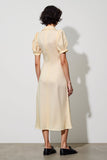 Robe de travail à poches midi à revers châle ivoire avec manches bouffantes