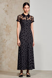 Robe longue fourreau noir à pois à manches courtes