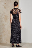 Robe longue fourreau noir à pois à manches courtes