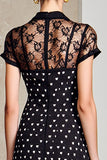 Robe longue fourreau noir à pois à manches courtes