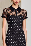 Robe longue fourreau noir à pois à manches courtes
