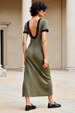 Robe longue d’invité de mariage à col bateau olive à manches courtes