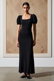 Robe longue formelle noire à col carré avec manches bouffantes
