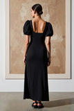 Robe longue formelle noire à col carré avec manches bouffantes