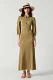 Col en satin olive Robe longue d’invitée de mariage avec manches 3/4