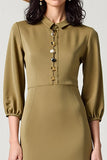 Col en satin olive Robe longue d’invitée de mariage avec manches 3/4
