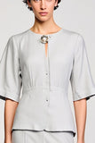 Satin gris 2 pièces col rond Midi costumes d’affaires avec demi-manches