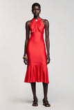 Robe en mousseline de soie froncée fourreau rouge licol