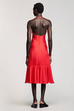 Robe en mousseline de soie froncée fourreau rouge licol